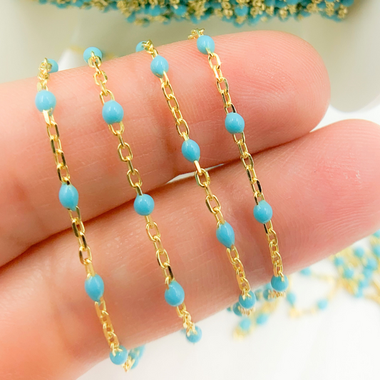 Gold Plated Sterling Silver Enamel Turquoise Color Cable Chain