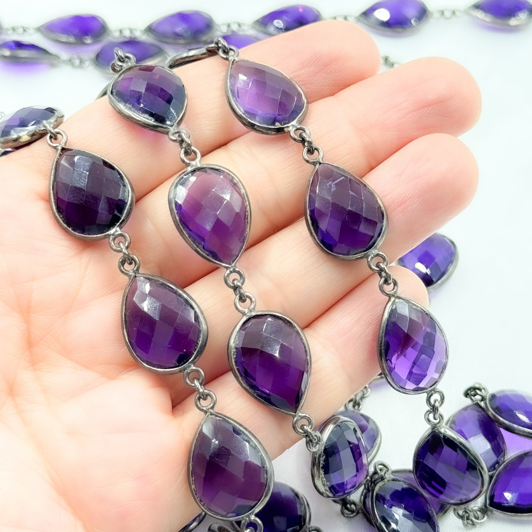 Hydro Amethyst Quartz Pear Shape Bezel Oxidized Wire Chain