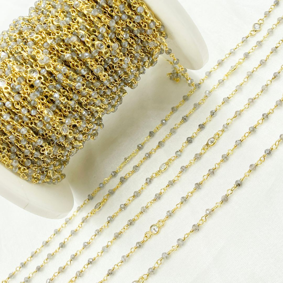 Coated Labradorite & Round CZ Wire Wrap Chain made with Gold Plated 925 Sterling Silver. CLB25