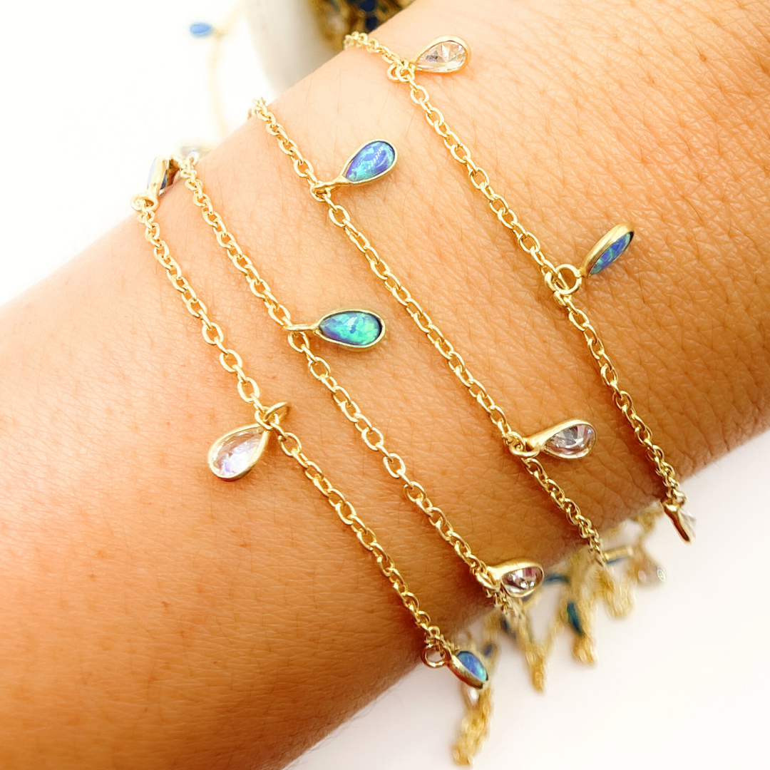 Created Blue Opal & CZ Tear Drop Shape Dangle Chain.