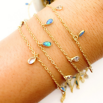 Created Blue Opal & CZ Tear Drop Shape Dangle Chain.