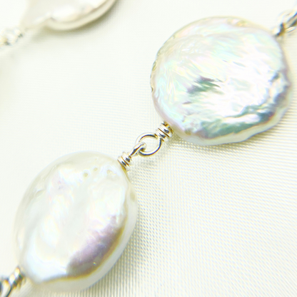 Coin Shape Freshwater Pearl Wire Wrap Chain