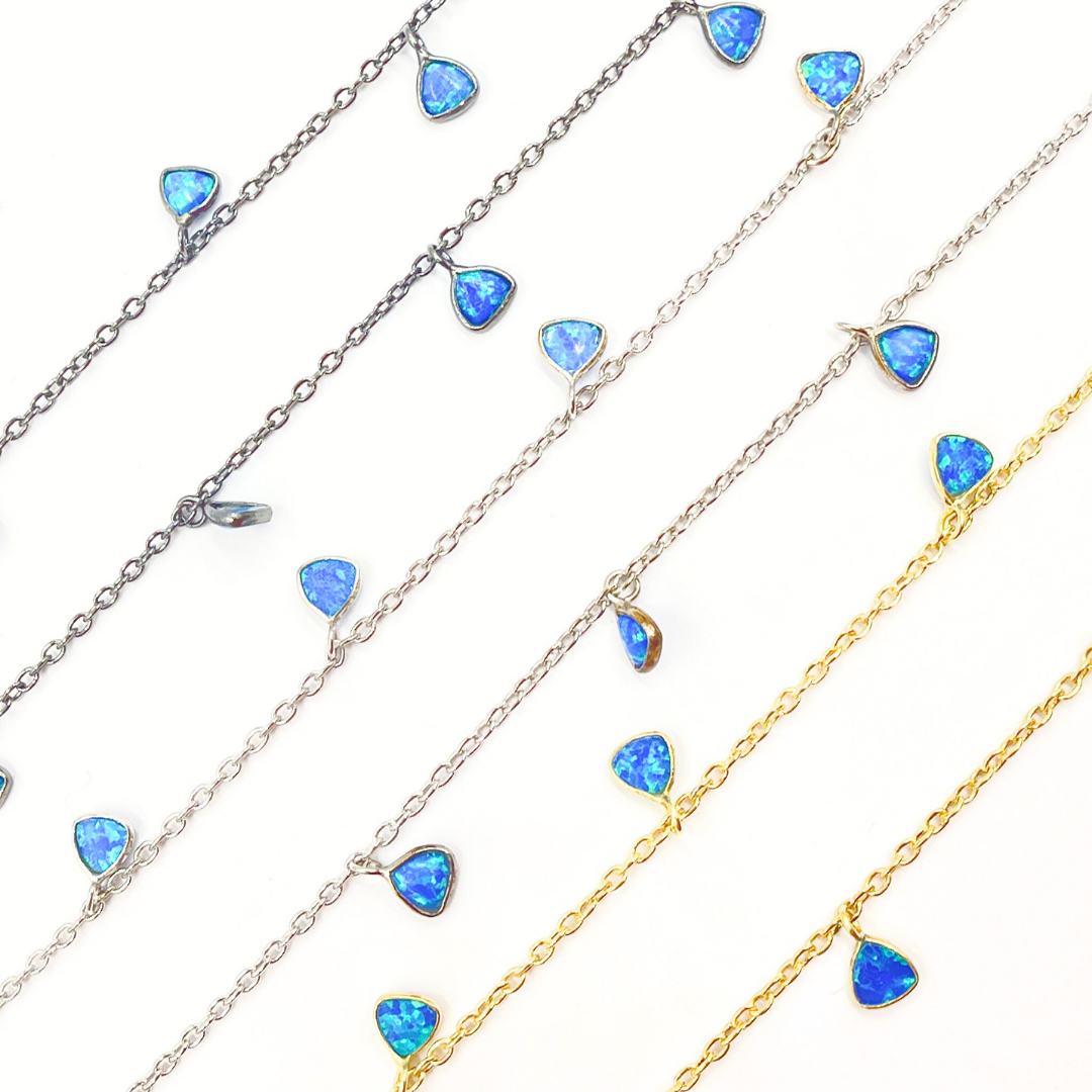 Created Blue Opal Triangle Shape Dangle Chain