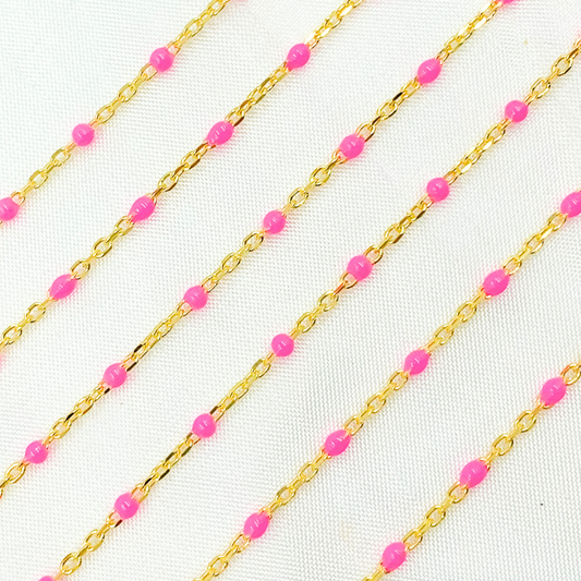 Gold Plated Sterling Silver Enamel Pink Color Cable Chain