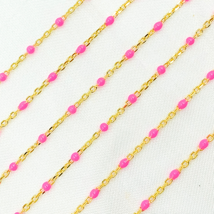 Gold Plated Sterling Silver Enamel Pink Color Cable Chain