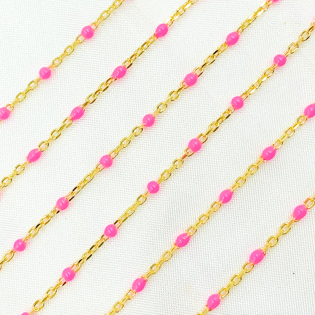Gold Plated Sterling Silver Cable Chain with Pink Color Enamel. V203PKGP
