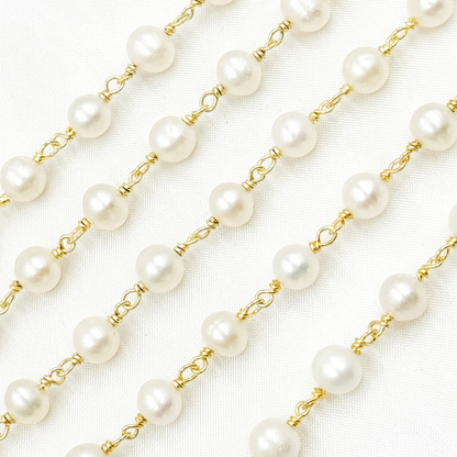Round White Freshwater Pearl Gold Plated Wire Wrap Chain.