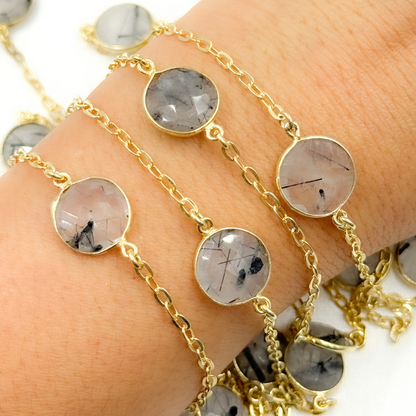 Black Rutile Round Shape Bezel Gold Plated Connected Wire Chain