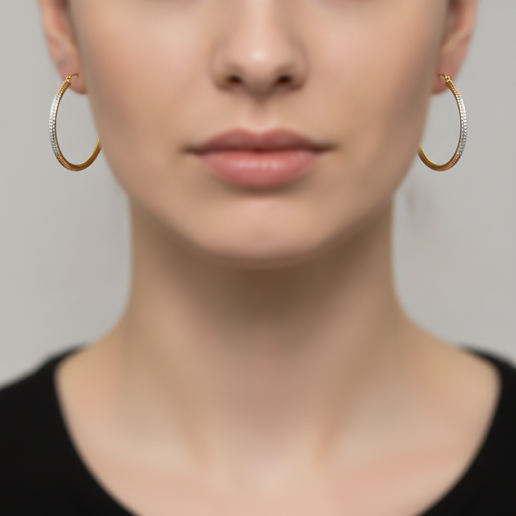 GER66. 14K Gold Tri-Color Hoop Earrings with Engraved Tornado Design