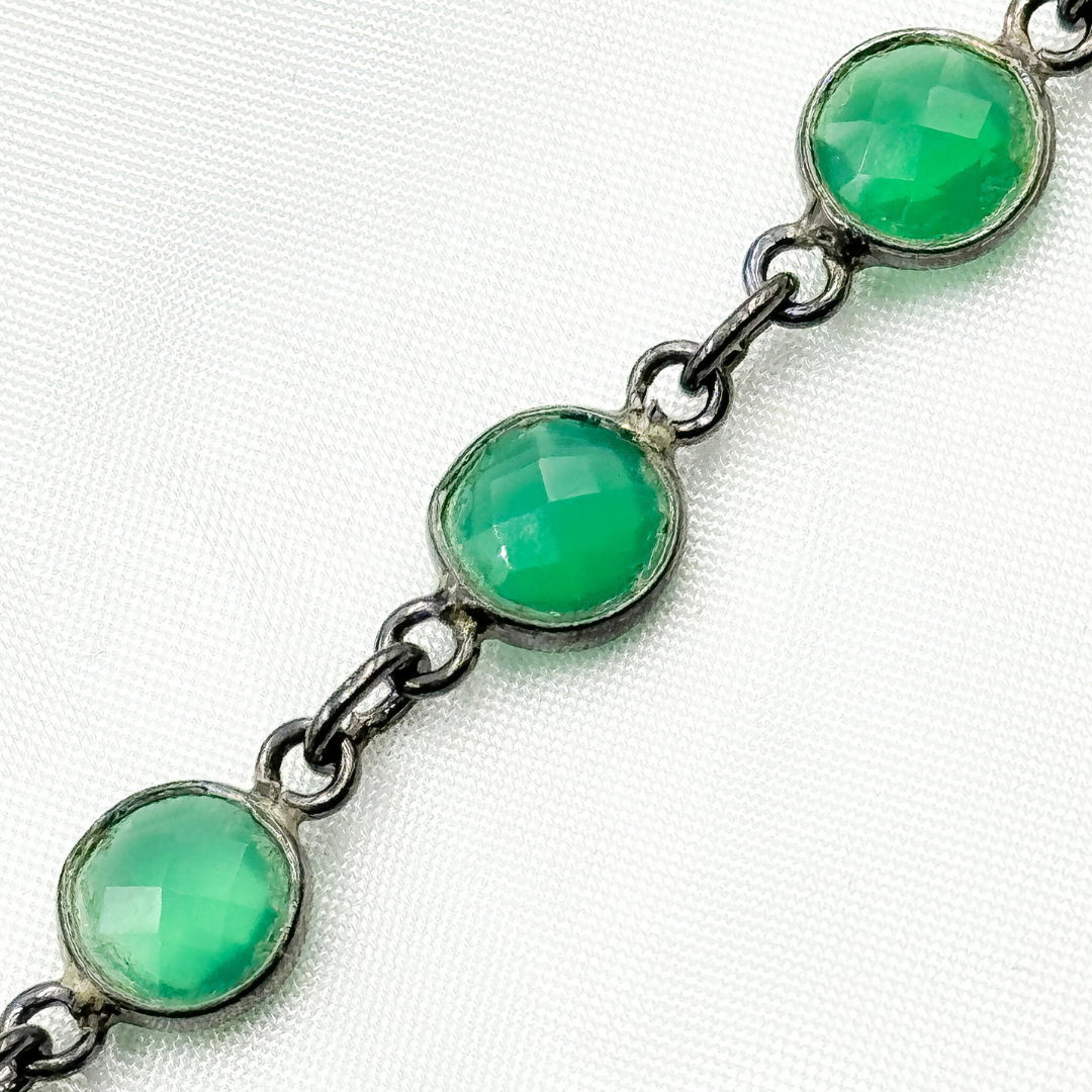 Green Onyx Round Shape Bezel Oxidized 925 Sterling Silver Wire Chain.
