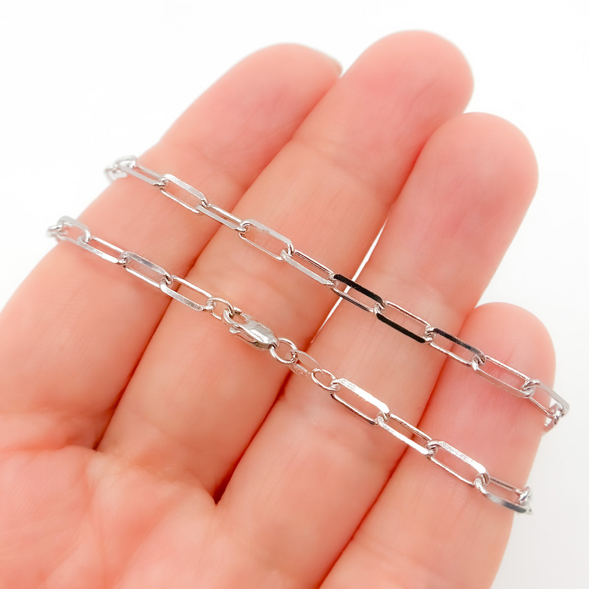 14K Solid White Gold Diamond Cut Paperclip Necklace