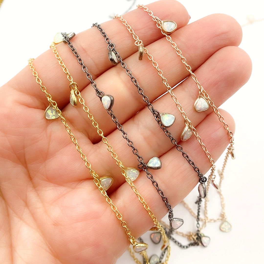 Created White Opal Triangle Shape Dangle Chain