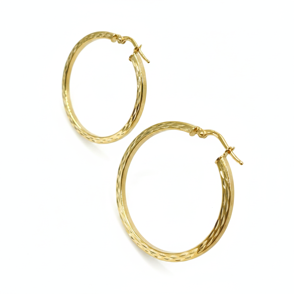 GER164. 14K Solid Gold Hollow Flat Diamond Cut Hoop
