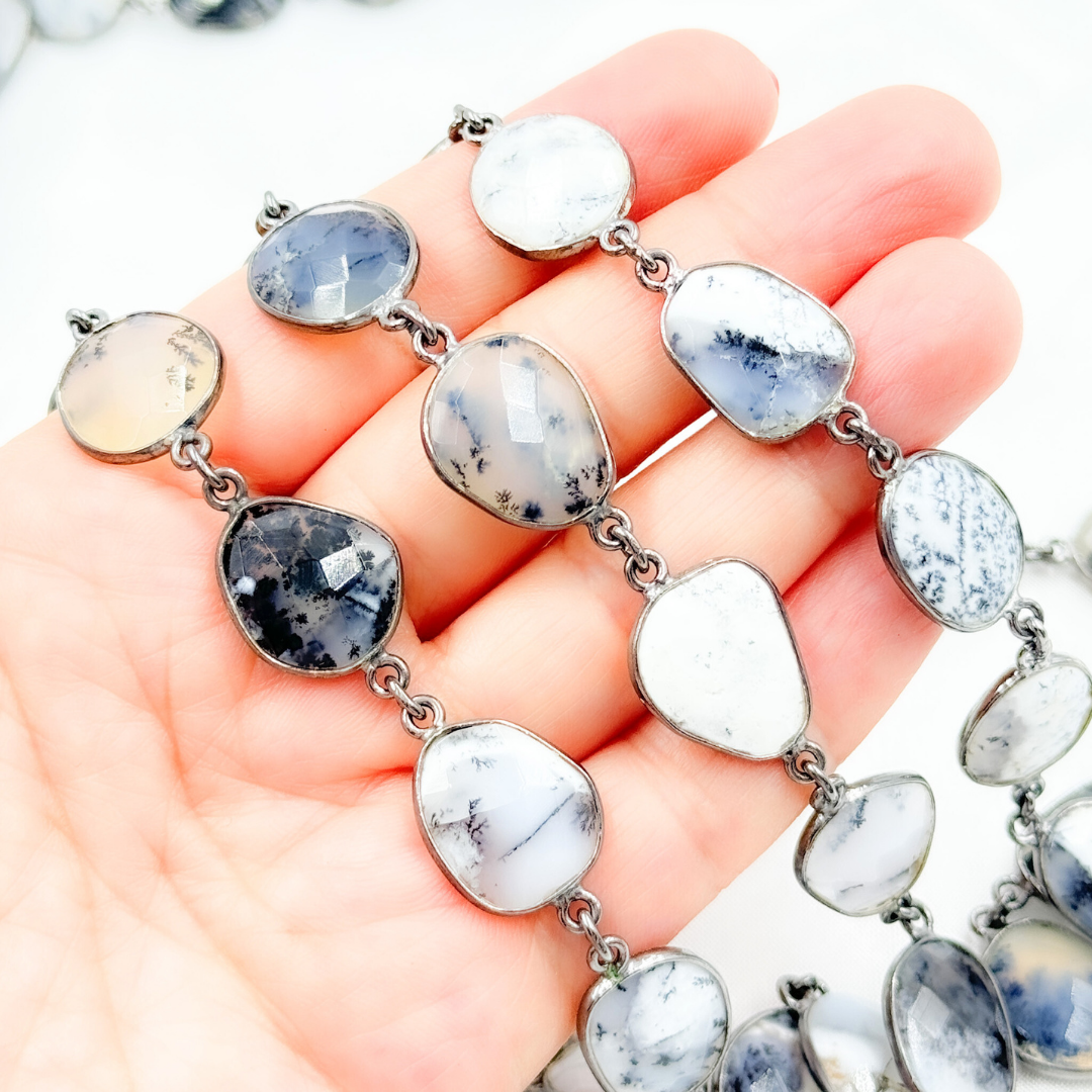 Dendrite Opal Organic Shape Bezel Oxidized Silver Wire Chain.