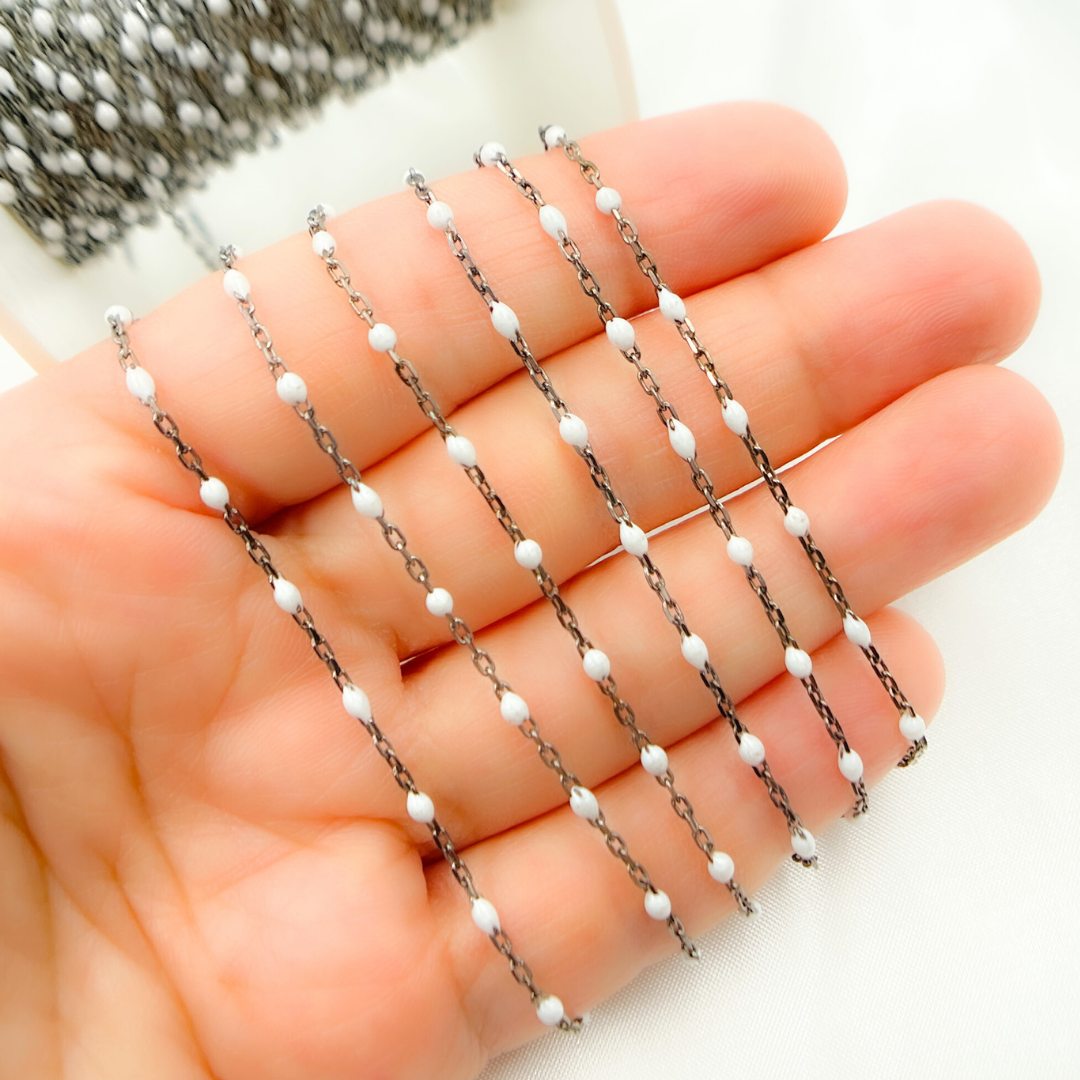 Oxidized Sterling Silver Enamel White Color Cable Chain