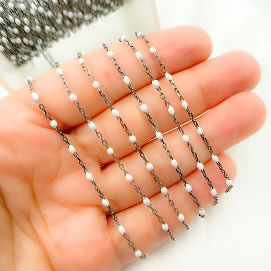Oxidized Sterling Silver Enamel White Color Cable Chain