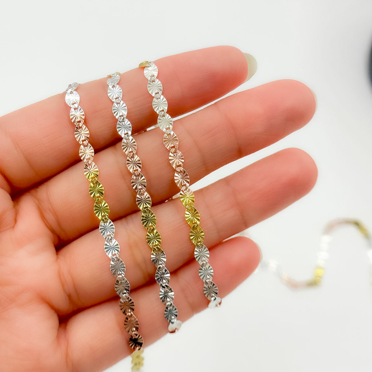 Z120GSR. White Silver, Gold Plated, and Rose Gold Plated Silver Diamond Cut Marina Chain