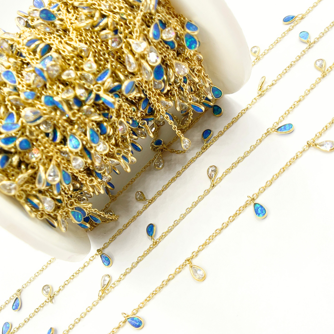 Created Blue Opal & CZ Tear Drop Shape Dangle Chain.