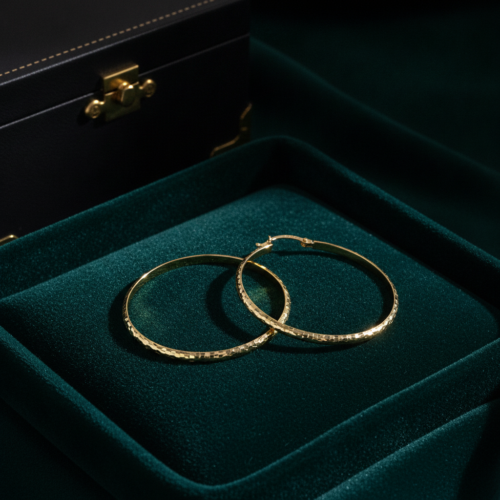 GER73. 14K Gold Diamond Cut Hollow Hoop Earrings