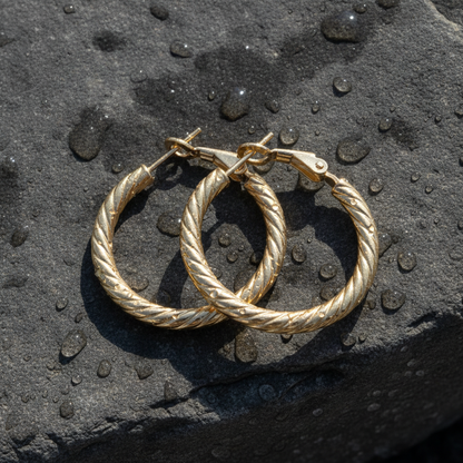 15850019965. 14K Solid Gold Fancy Ribbed Hollow Hoop Earrings