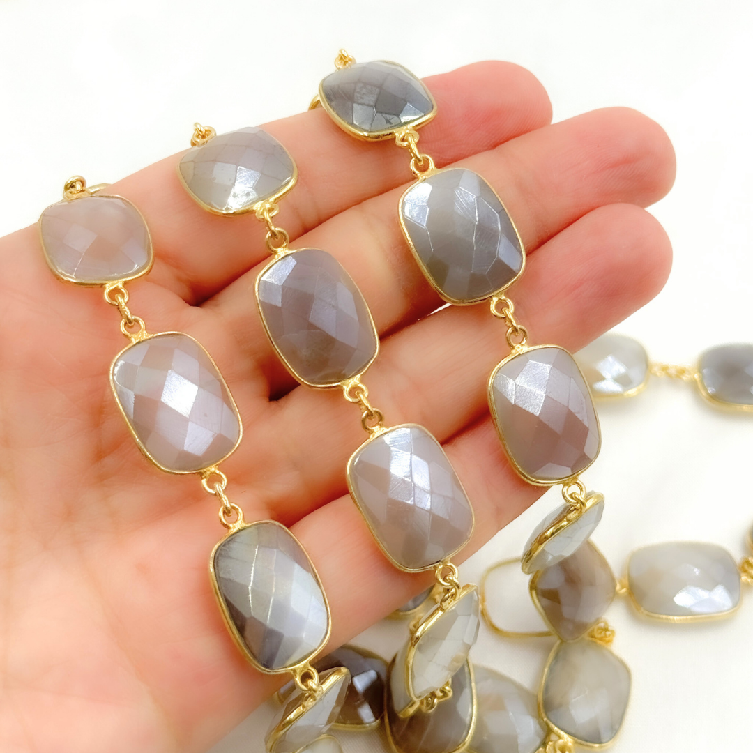 Coated Grey Moonstone Rectangular Shape Bezel Gold Plated Silver Wire Chain