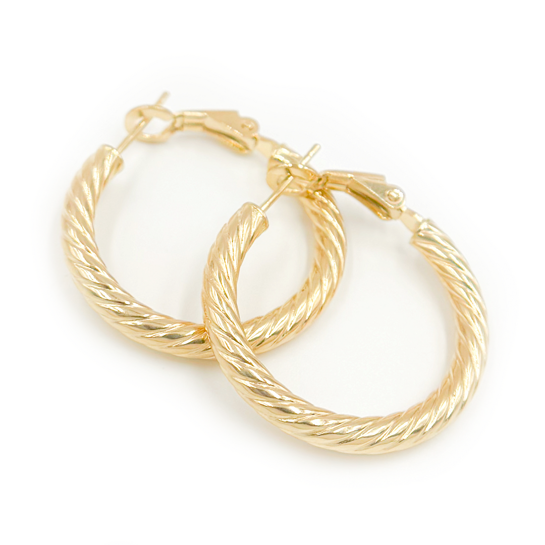 15850019965. 14K Solid Gold Fancy Ribbed Hollow Hoop Earrings