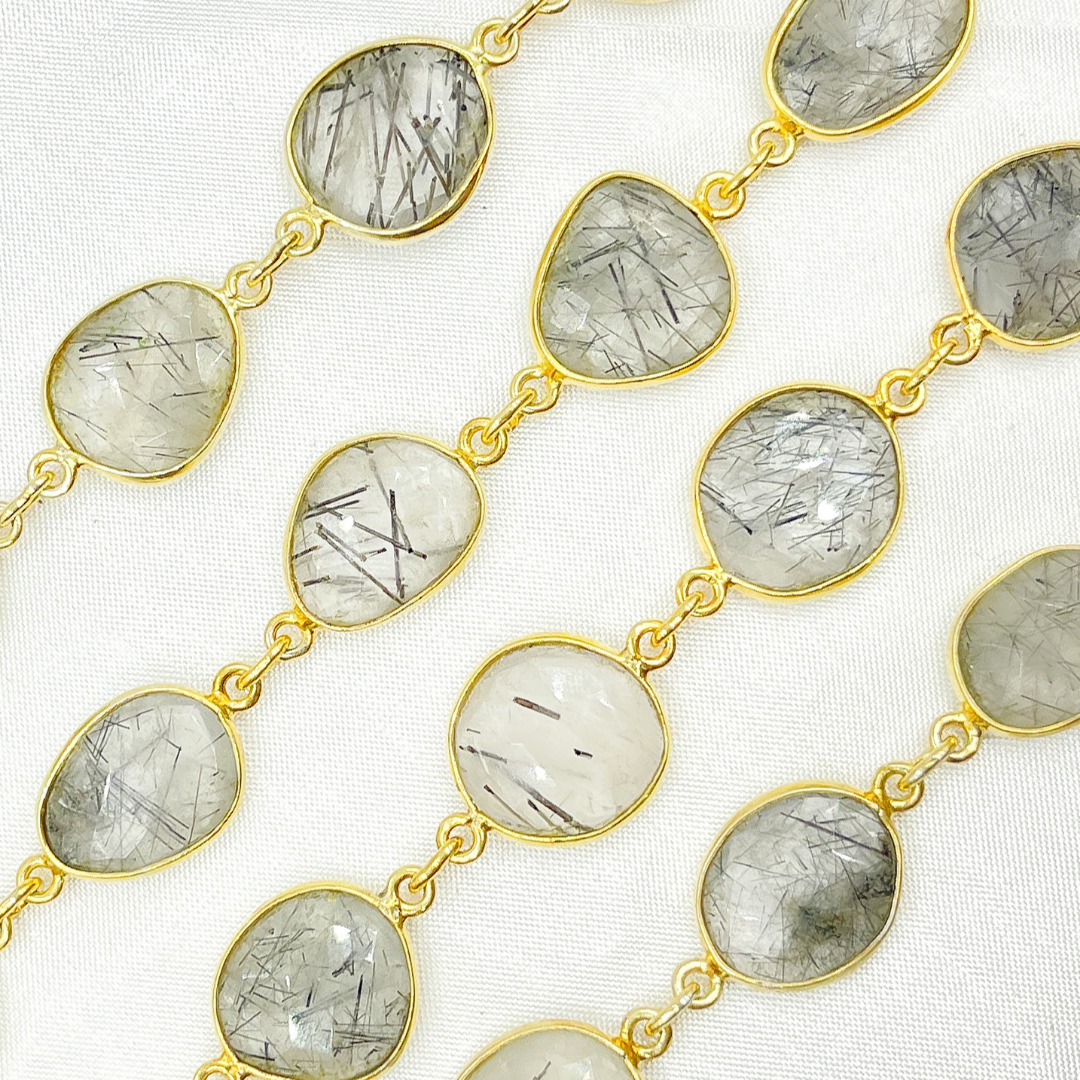 Black Rutile Organic Shape Bezel Gold Plated Wire Chain.