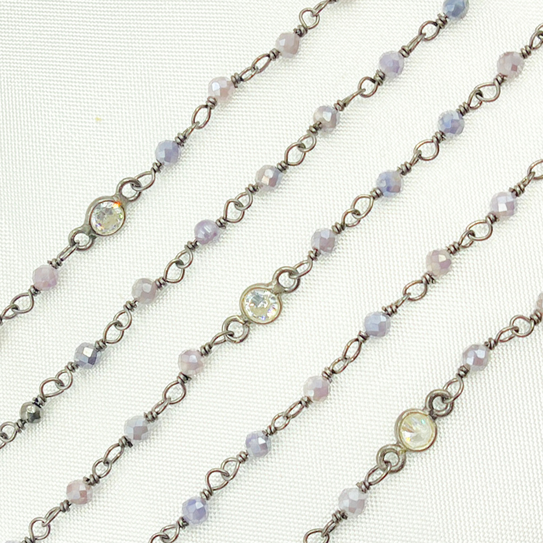 Coated Blue Quartz & Round CZ Wire Wrap Chain