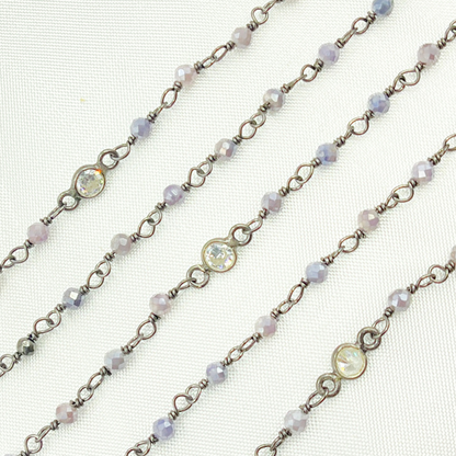 Coated Blue Quartz & Round CZ Wire Wrap Chain