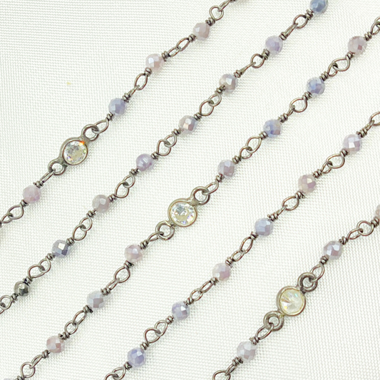 Coated Blue Quartz & Round CZ Wire Wrap Chain