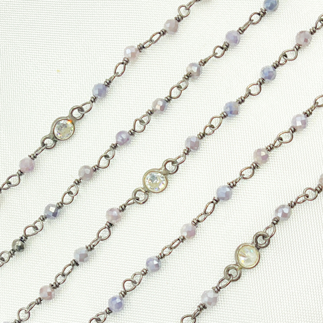 Coated Blue Quartz & Round CZ Wire Wrap Chain. CQU28