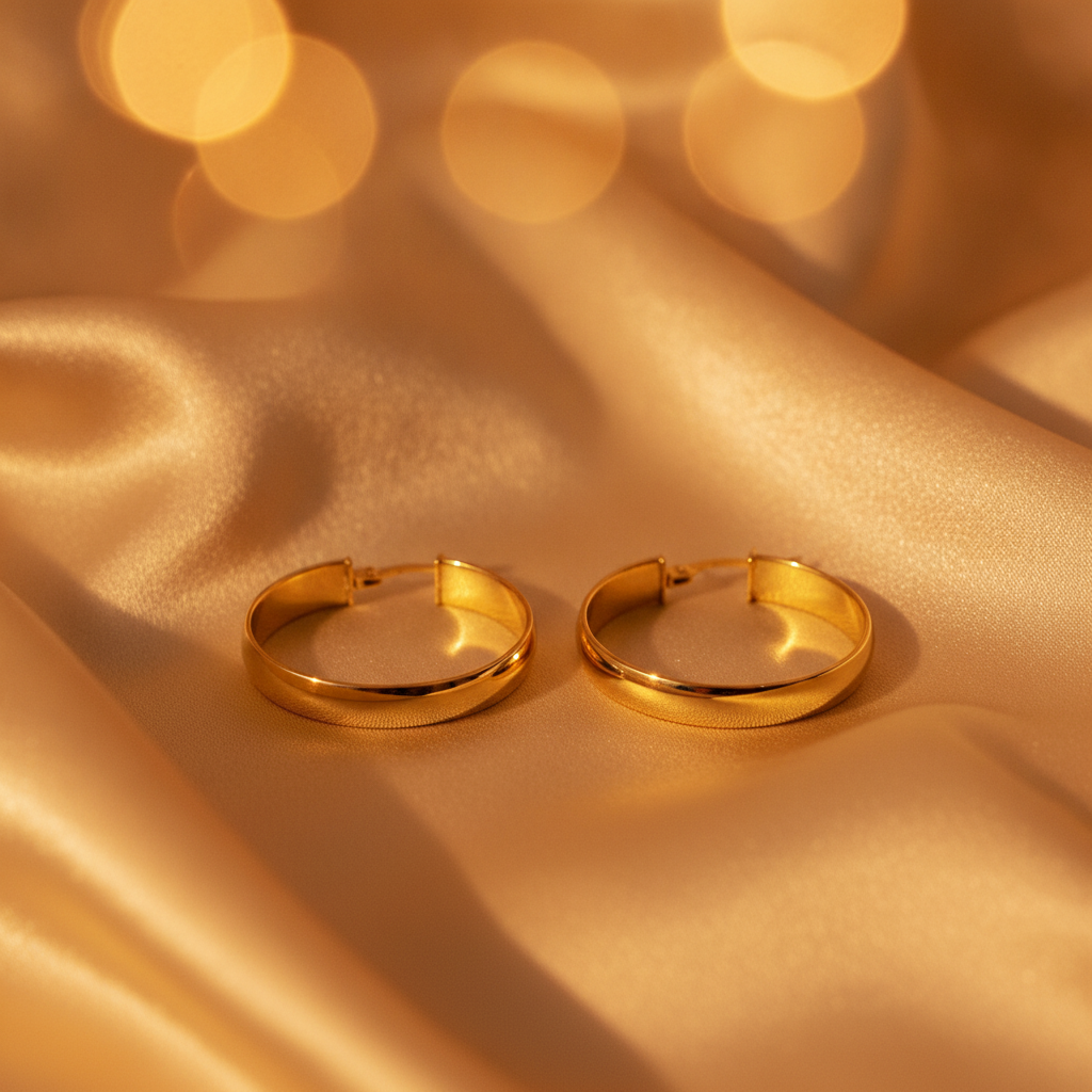 GER100. 14K Solid Gold Smooth Hollow Hoop Earrings