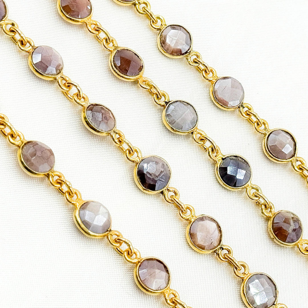Coated Chocolate Moonstone Round Shape Bezel Gold Plated Wire Chain.