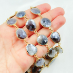 Load image into Gallery viewer, Coated Grey Moonstone Organic Shape Bezel Gold Plated Wire Chain. CMS28
