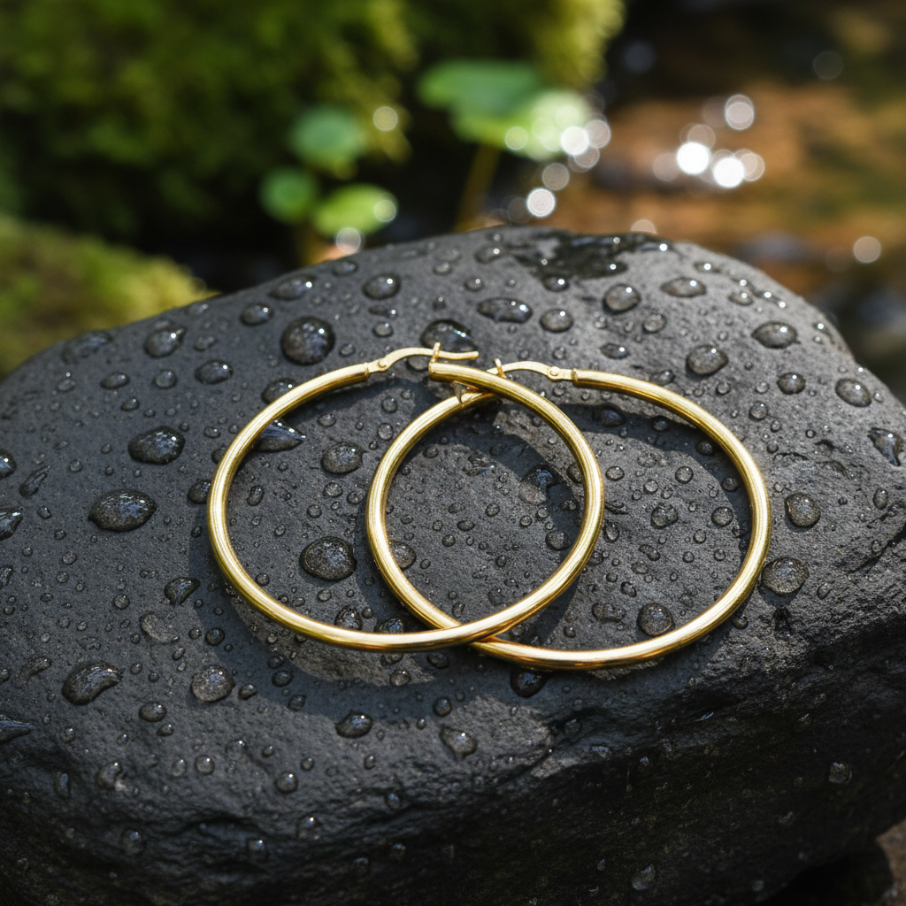 GER82. 14K Solid Gold Hollow Hoop Earrings