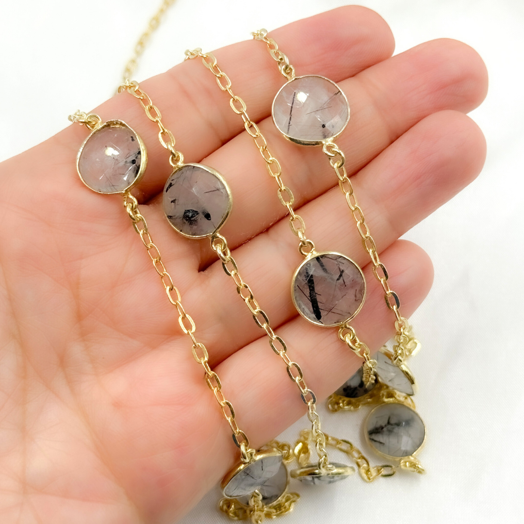 Black Rutile Round Shape Bezel Gold Plated Connected Wire Chain
