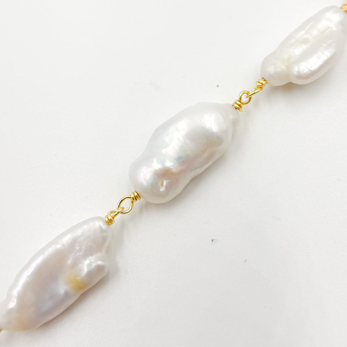 Gold Plated Wire Biwa Freshwater Pearl Chain