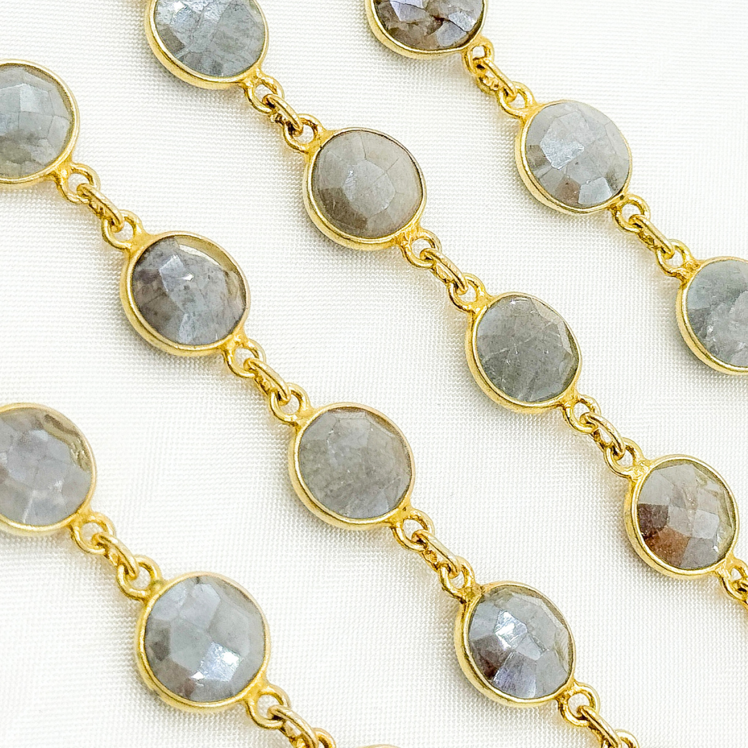 Coated Milky Aquamarine Round Shape Bezel Gold Plated Wire Chain.