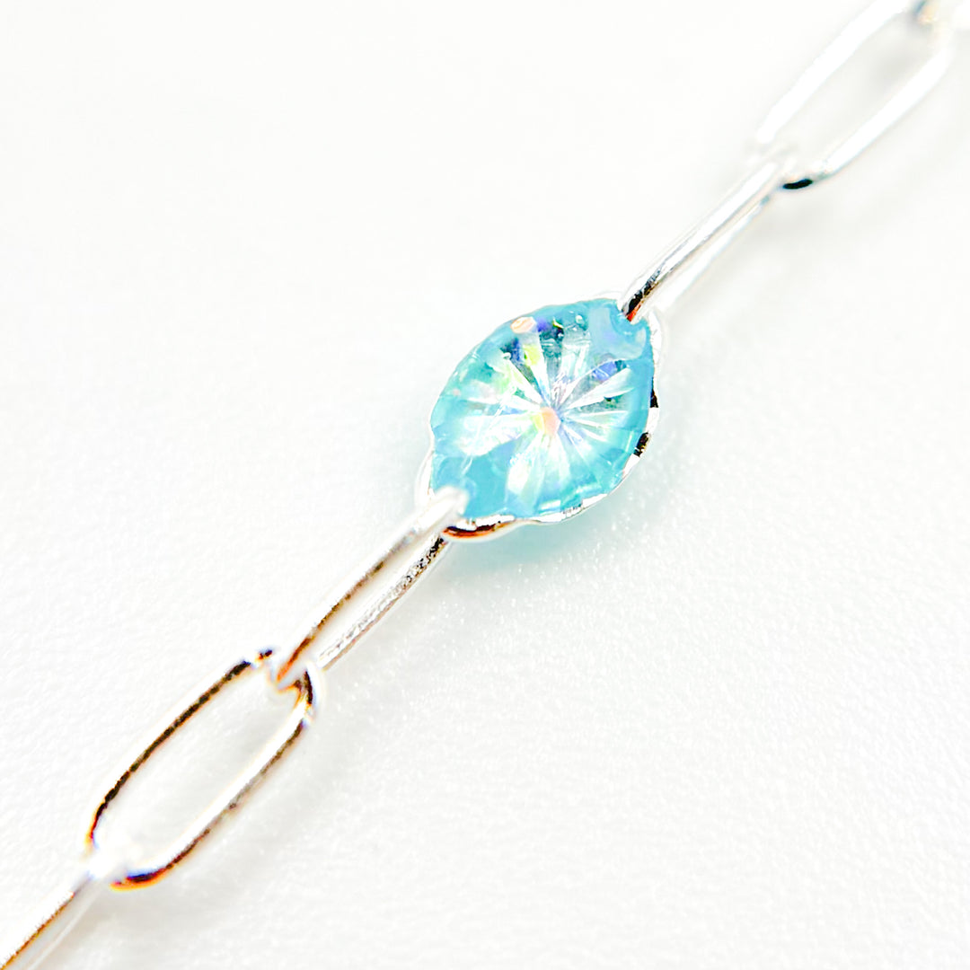 Sterling Silver Sky Blue Opal Color Enamel Cable Chain