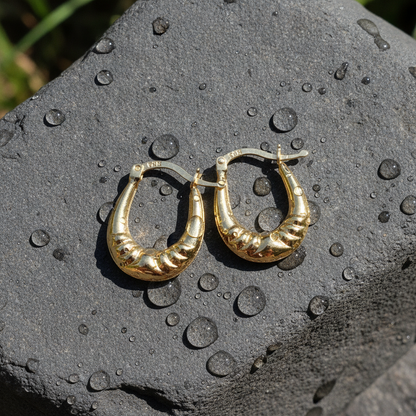 GER180. 14K Solid Gold Croissant Hollow Hoops