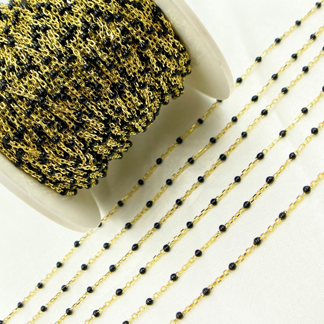 Gold Plated Sterling Silver Cable Chain with  Black Color Enamel. V203BKGP