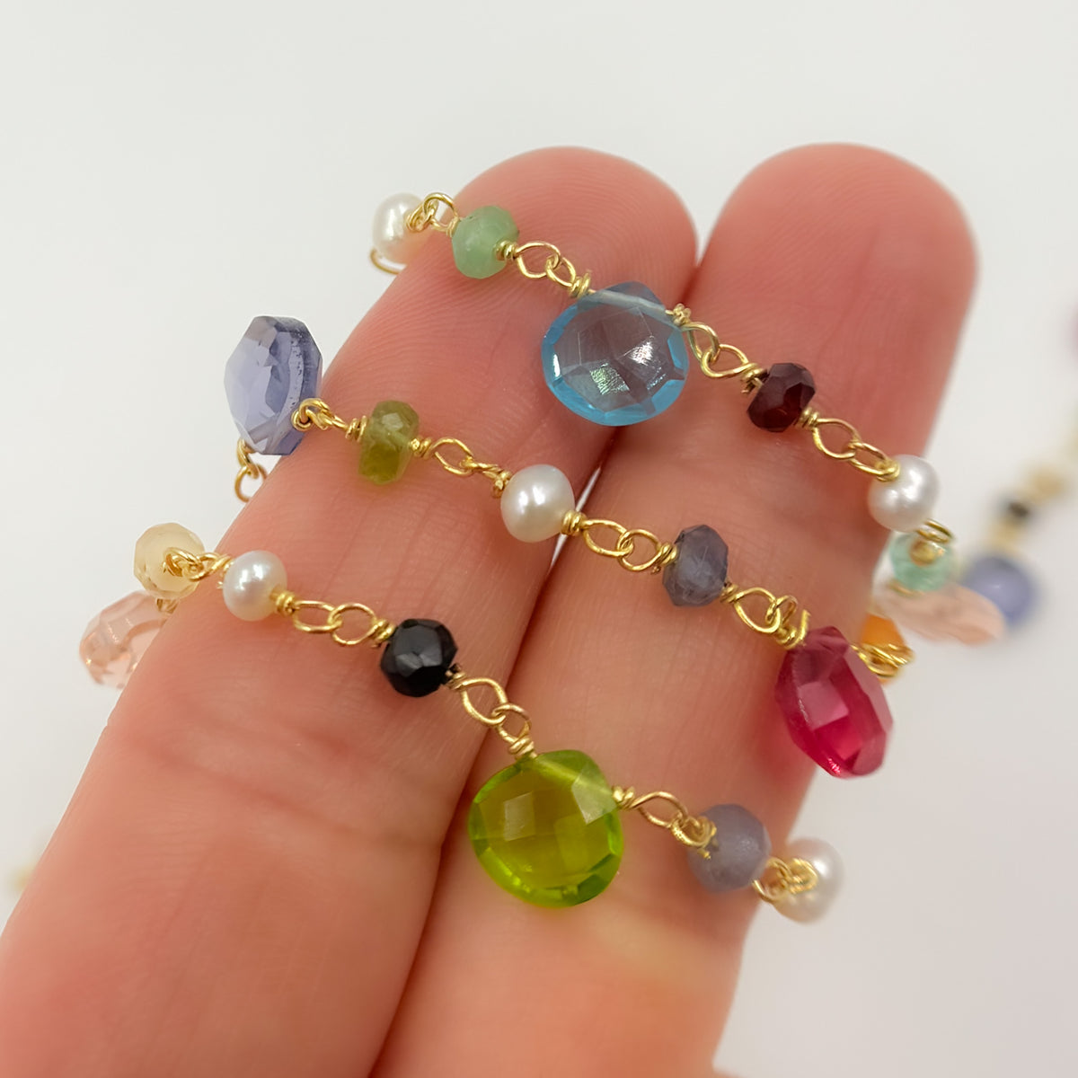 Gold Plated Sterling Silver Multi Stone Wire Wrap Chain