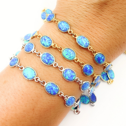 Created Blue Opal Oval Shape Connected Chain.