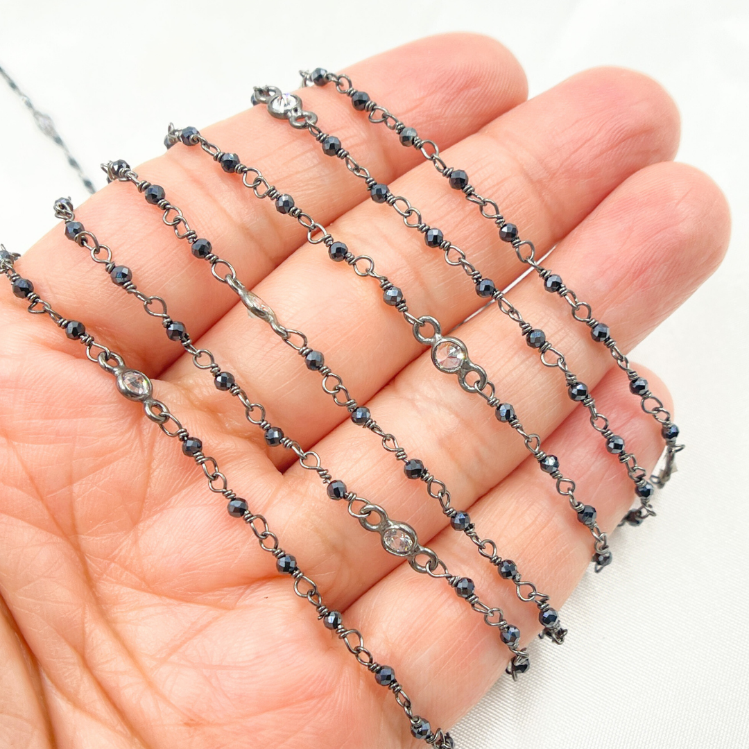 Coated Black Spinel & Round CZ Wire Wrap Chain
