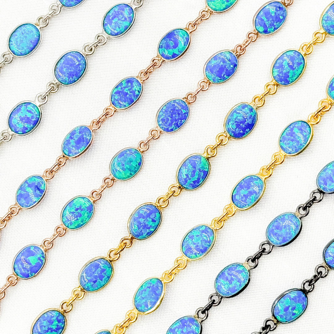 Created Blue Opal Oval Shape Connected Chain.