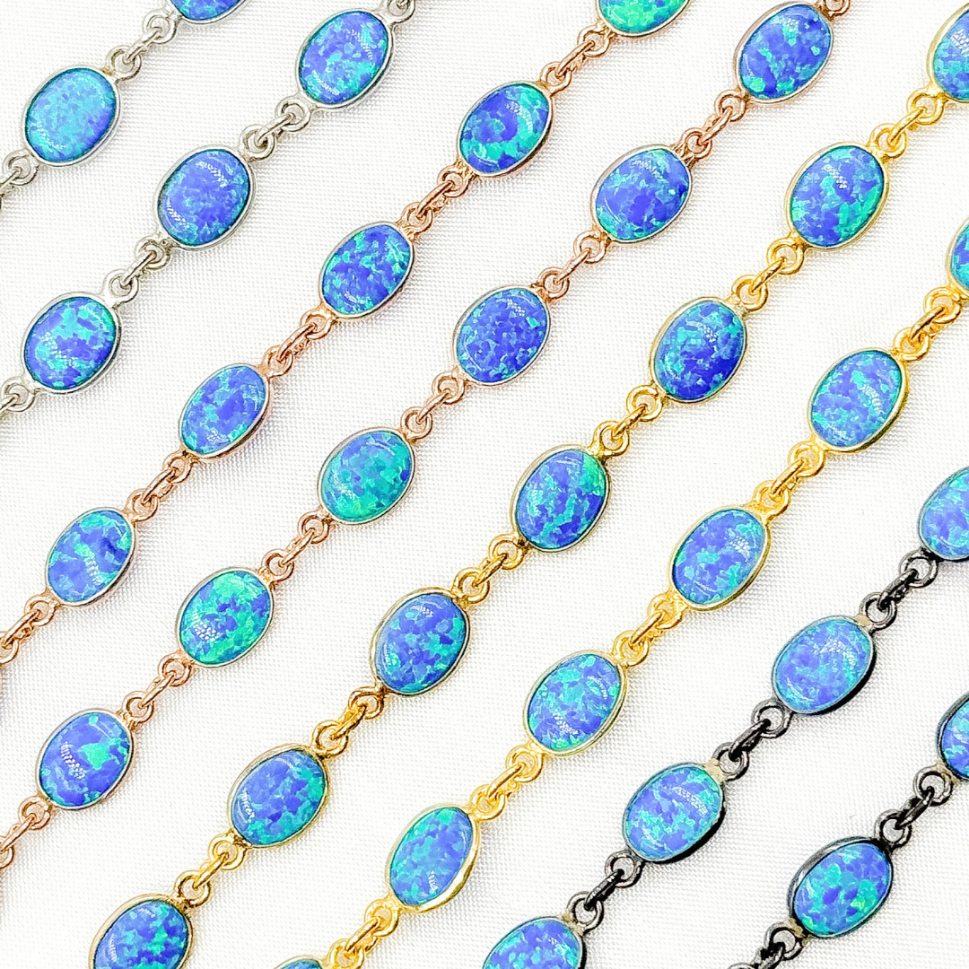 Created Blue Opal Oval Shape Connected Chain. CBO10