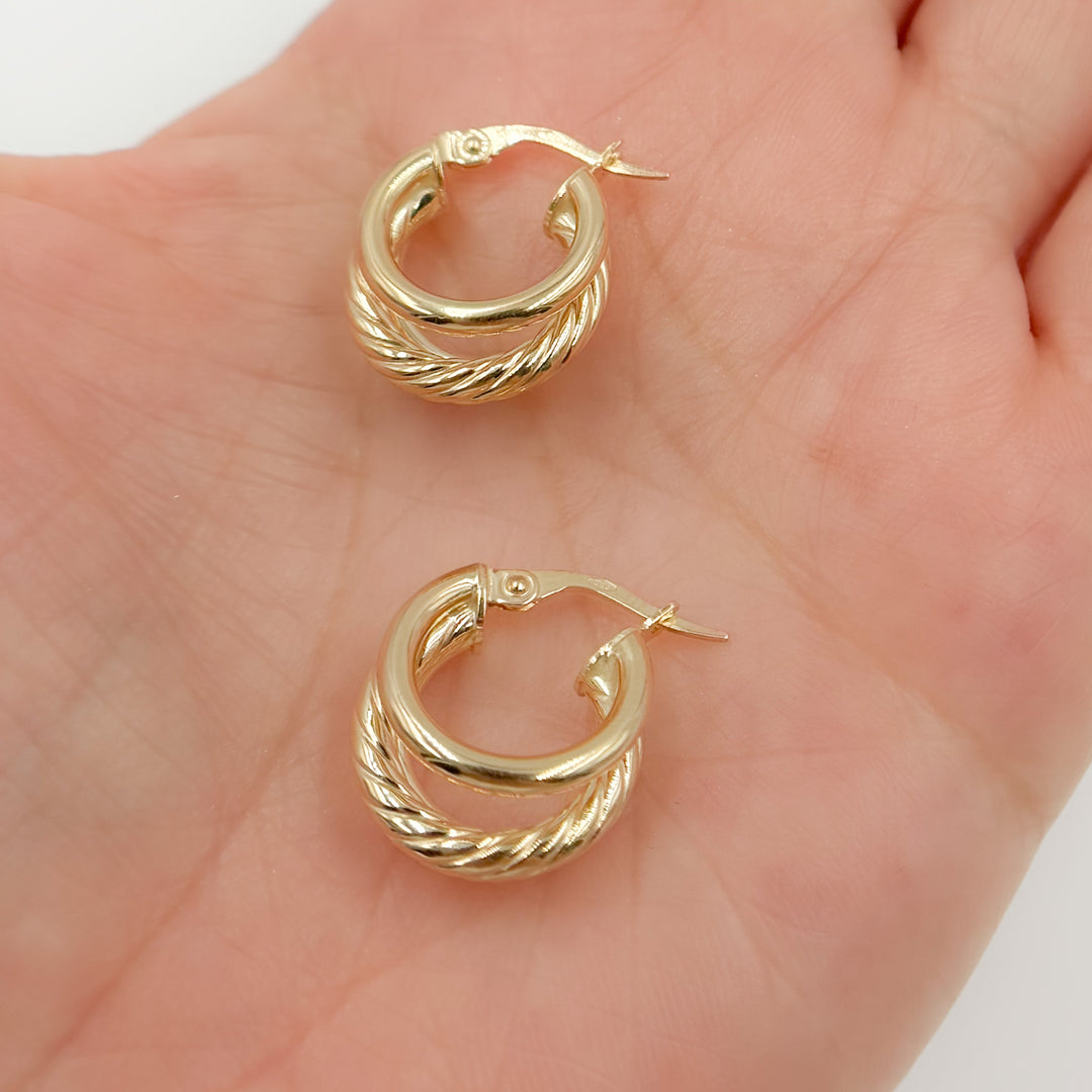 15850017973. 14K Solid Gold Smooth and Textured Triple Line Hollow Hoop Earrings