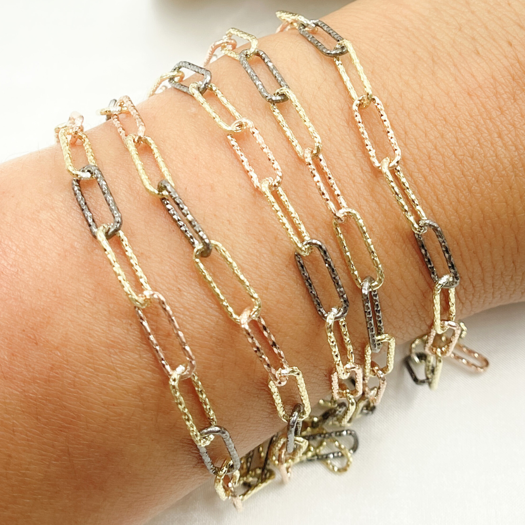 925 Sterling Silver Tri-color Diamond Cut Paperclip Chain