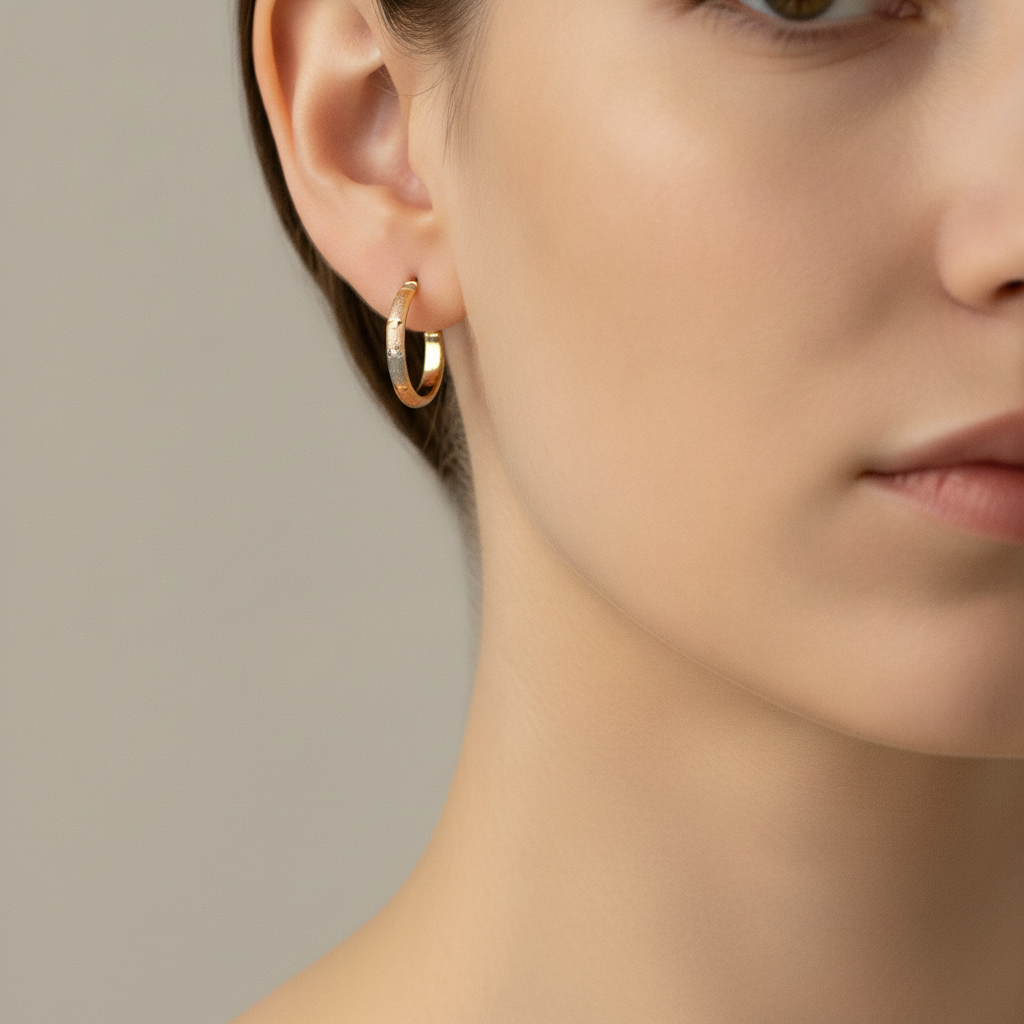 GER50. 14K Solid Tri-Tone Gold Earrings Circle Shape Hoop