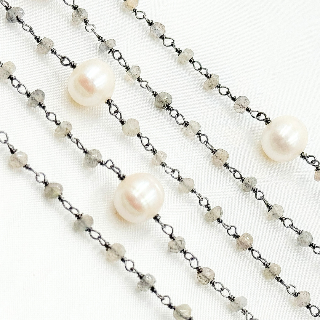 Labradorite & Pearl Oxidized 925 Sterling Silver Wire Chain.